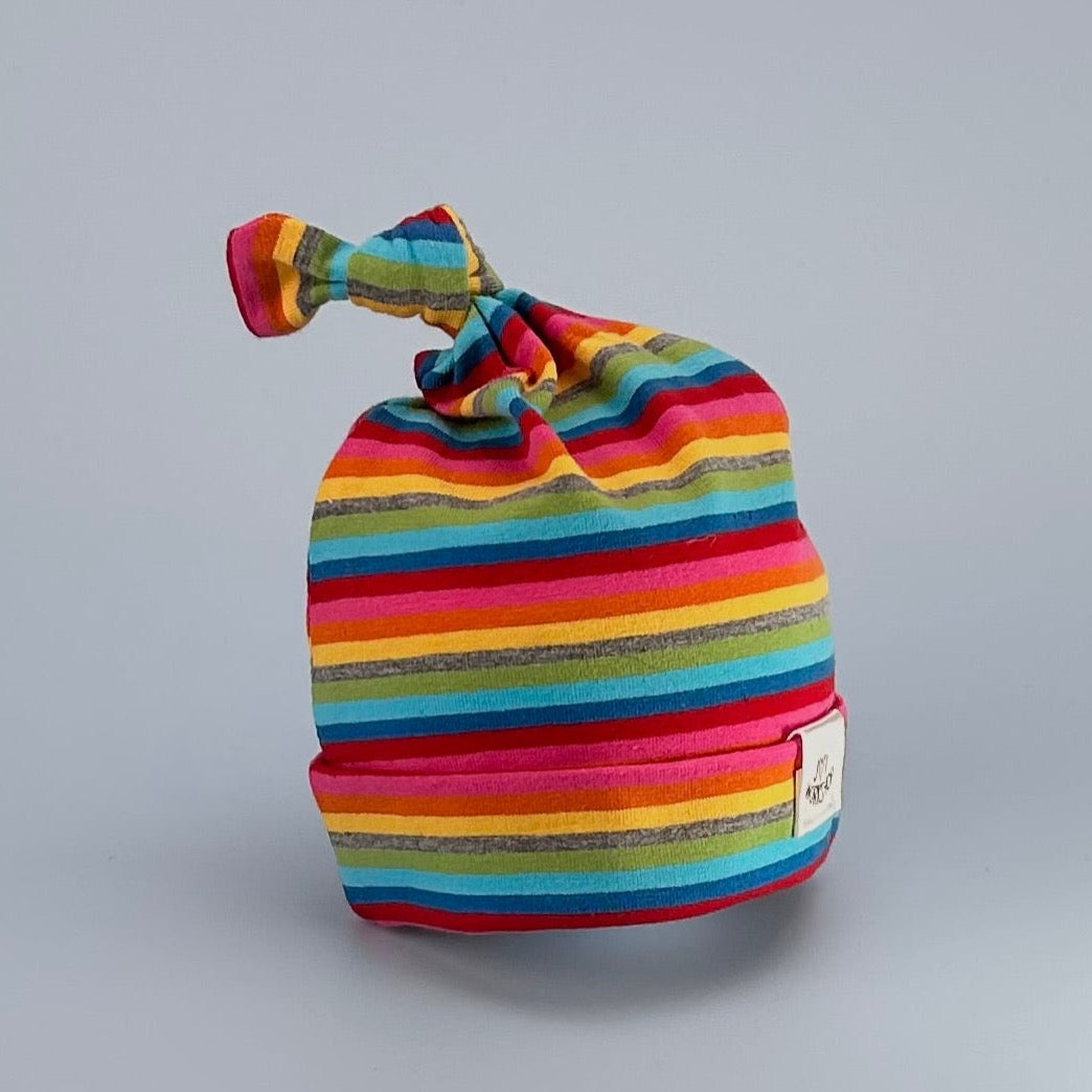Premie Tiny Newborn Multi-Coloured Striped Baby Knot Hat - Handmade Cotton Beanie