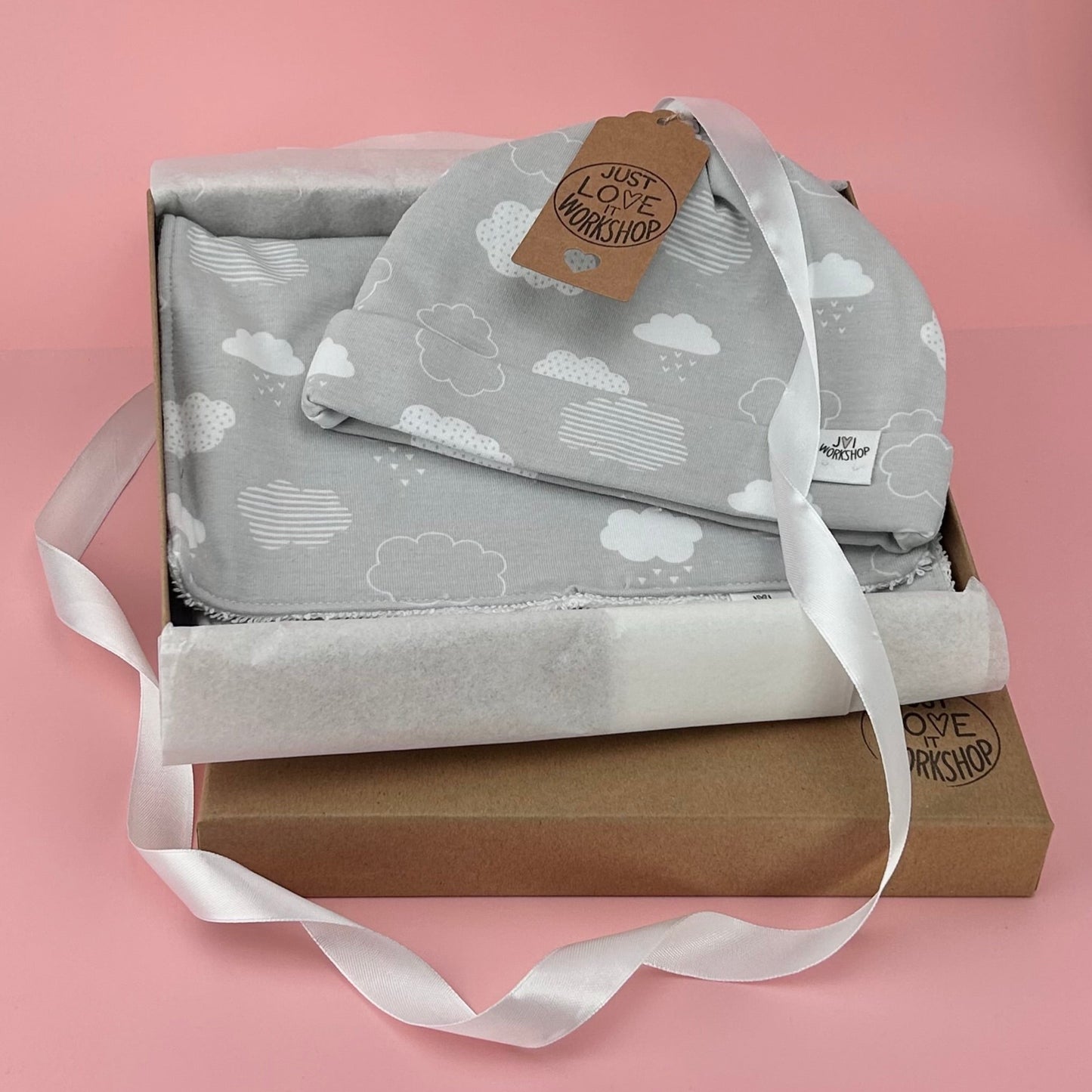 Handmade Baby Shower Gift Set - Knot Hat, Bib & Burp Cloth - Grey & White Cloud Design