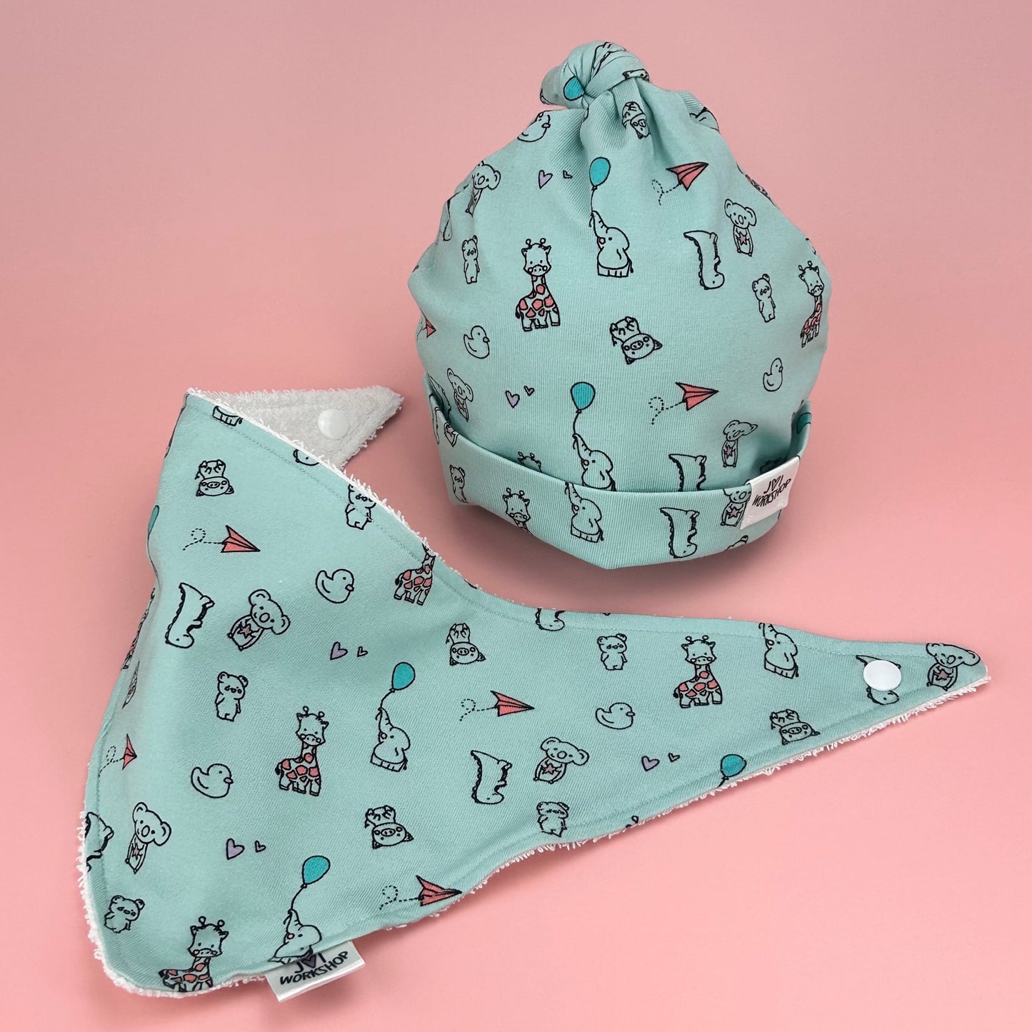 Cute Animals, Green Baby Knot Hats & Dribble Bibs