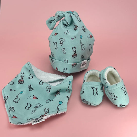 Cute Animals, Green Baby Knot Hats & Dribble Bibs