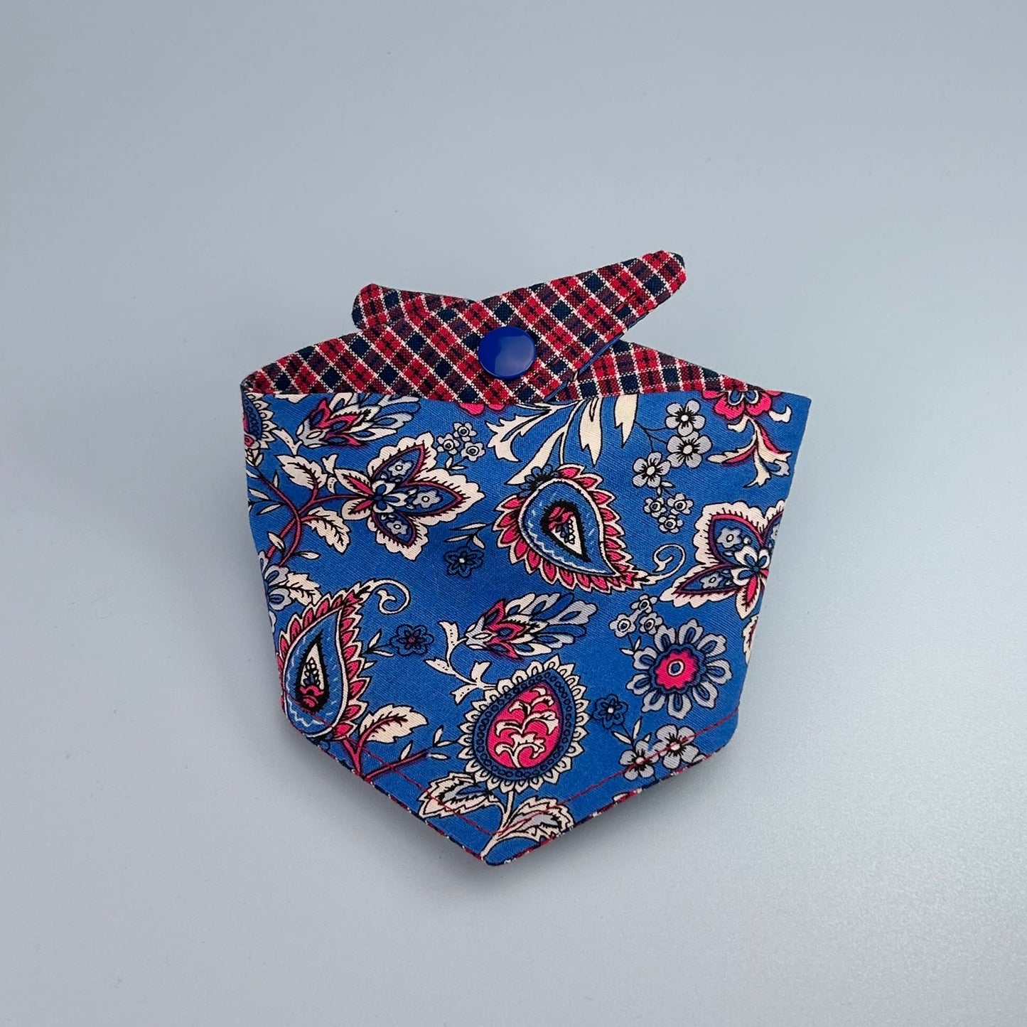 Small size - Blue/red paisley & check reversible, popper pet bandana