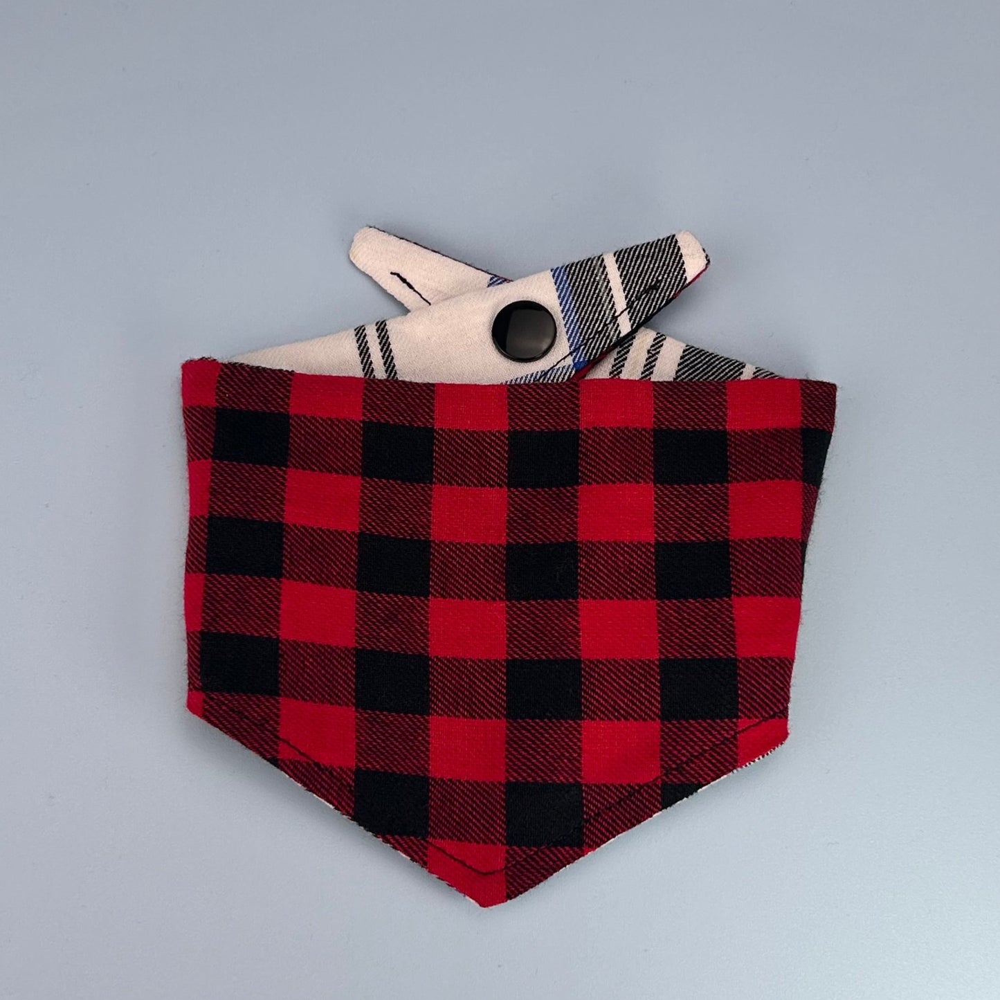 Small Size - Red buffalo check & tartan reversible popper style dog bandanas and bowties