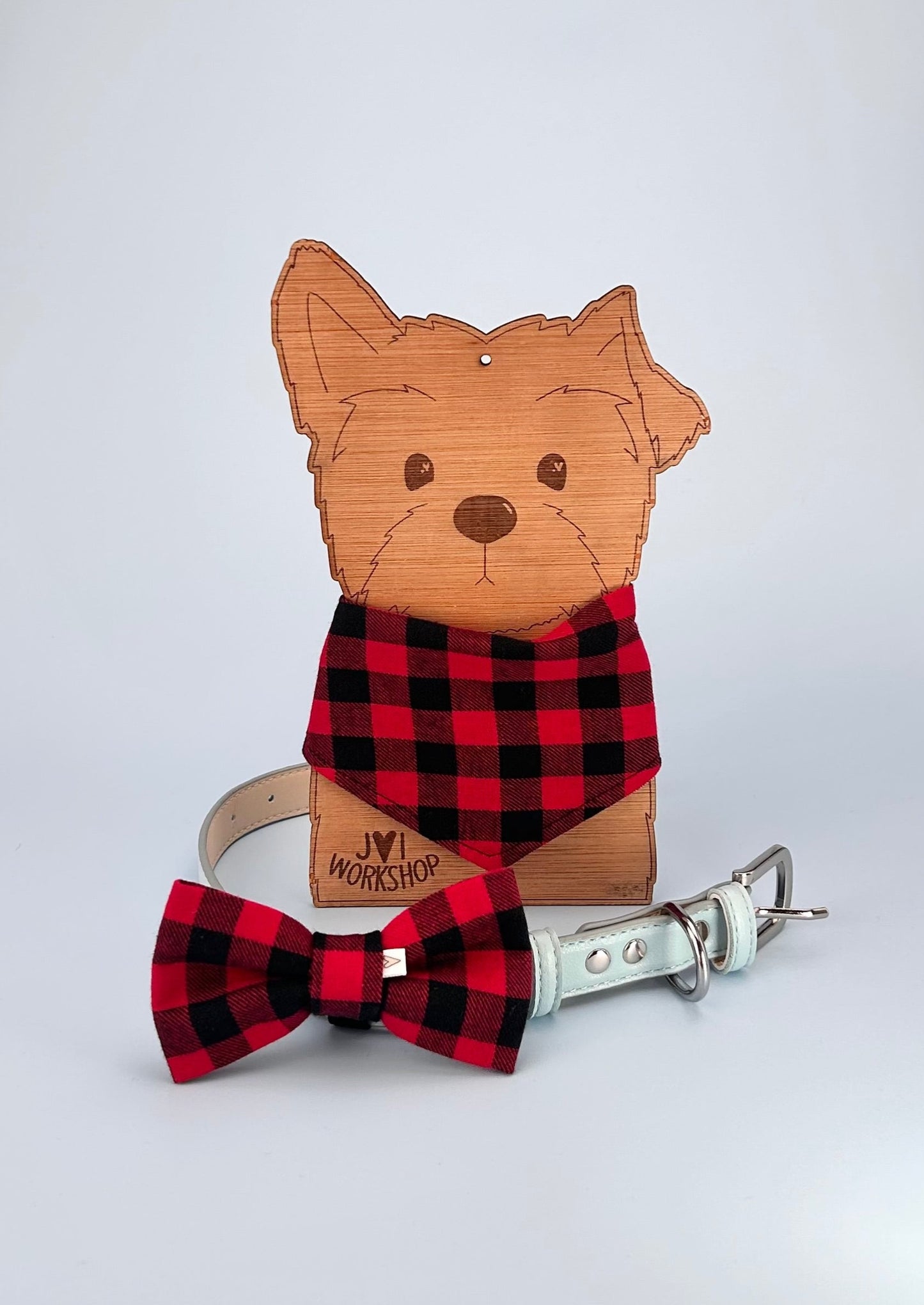 Small Size - Red buffalo check & tartan reversible popper style dog bandanas and bowties