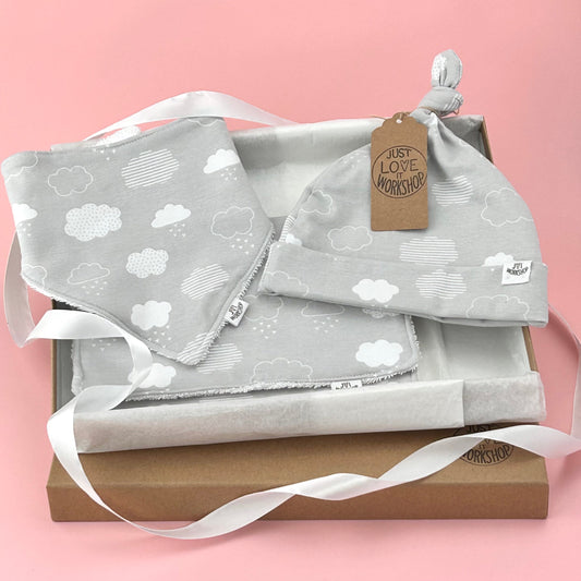 Baby Shower Premium Gift Boxed Set - Grey & White Cloud Design.