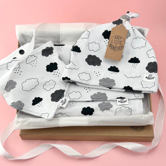 Baby Shower Premium Gift Boxed Set - Black & White Cloud Design.