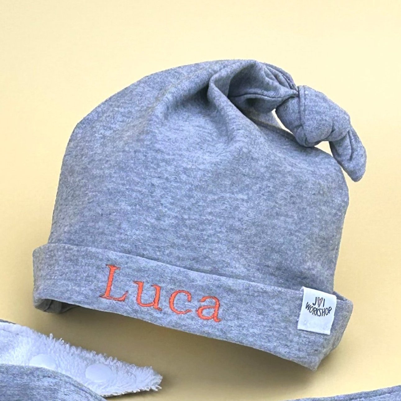 Personalised Baby Slouchy White/Grey or Pink, Knotted  Hat Gift.