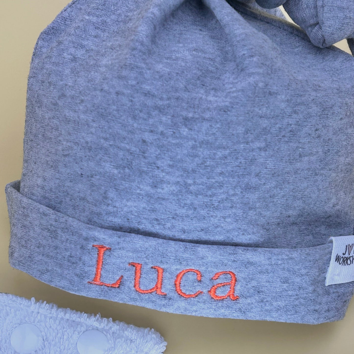 Personalised Baby Slouchy White/Grey or Pink, Knotted  Hat Gift.