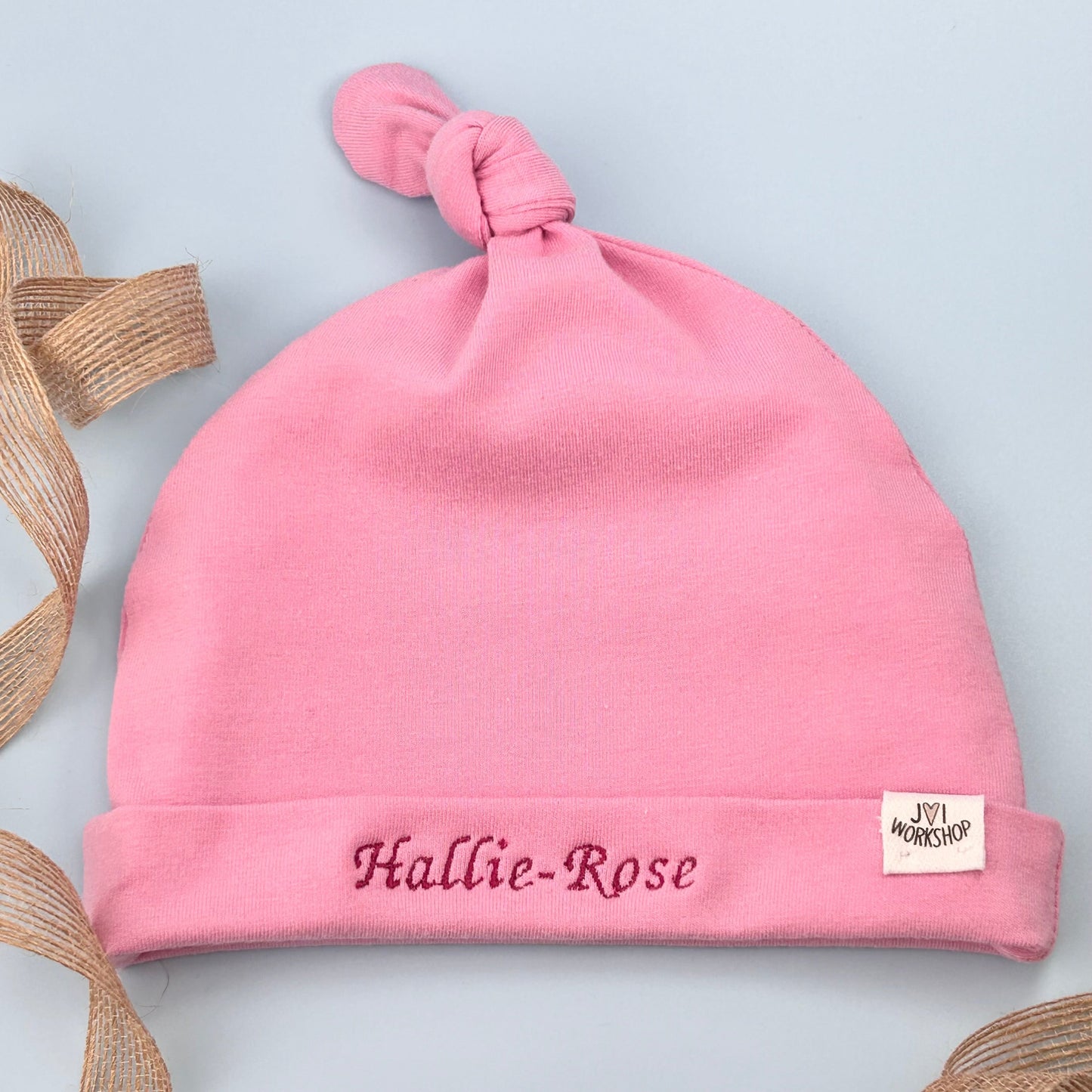 Personalised Baby Slouchy White/Grey or Pink, Knotted  Hat Gift.